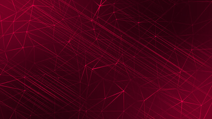 Magenta red color parallel diagonal lines with low poly dots and lines futuristic geometrical dark background