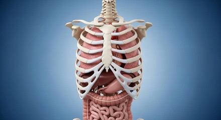 Anatomical Model of Human Rib Cage and Digestive System in Blue Background