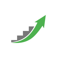 Green arrow ascending alongside grey stairs, symbolizing growth and progress.