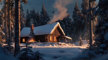 Cozy winter cabin in snowy forest