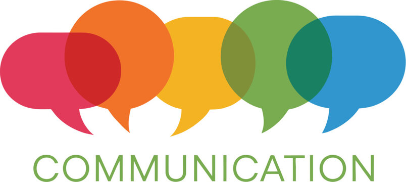 Colorful speech bubbles above the word communication on a white background