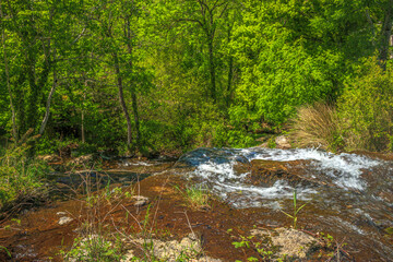 River near Brousse and Villaret in Aude.
Small waterfalls flowing among rocks and undergrowth in...