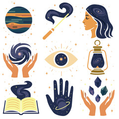 Mystical and cosmic vector illustration set with witchcraft, galaxy, and astrology symbols in modern flat style. Perfect for prints, posters, and digital design.