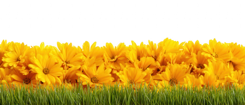 A vibrant border of yellow flowers and green grass isolated on transparent background