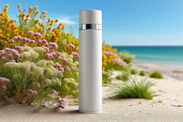 Lotion Bottle on a Sandy Beach with Waves in the Background