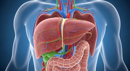 Detailed Human Digestive System Illustration Showing Liver Intestines and Circulatory Vessels