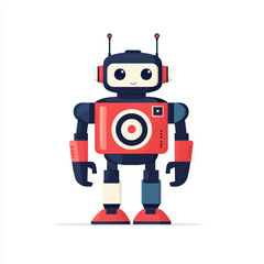 A cute, colorful cartoon robot with antennas, big eyes, and claw hands stands smiling against a white background.