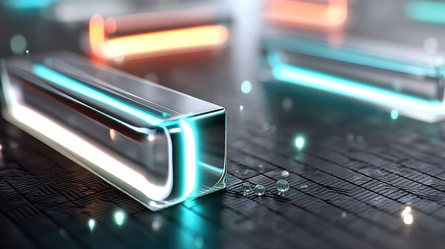 Floating holographic bars glowing in blue neon