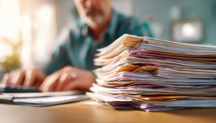 Business professional organizing documents at a cluttered office desk