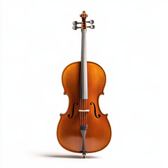 Fototapeta premium A classic wooden cello standing upright on a white background, showcasing its polished body, strings, and tuning pegs.