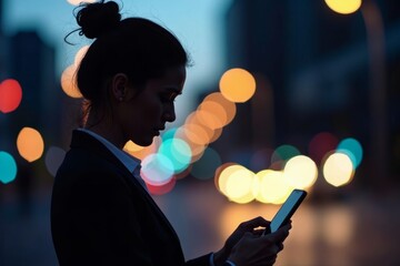 Cityscape Silhouette: Modern Businesswoman Engaged on Mobile Device in Urban Setting