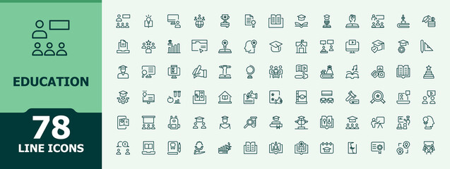 Education line icon set. Contains related to class, tutorial, study, university, school, course and more. Course vector line icon set. Minimalist icons pack. Editable vector. Pixel perfect.