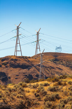 Electricity pylons and power lines carrying power generated by the Grand Coulee Dam.