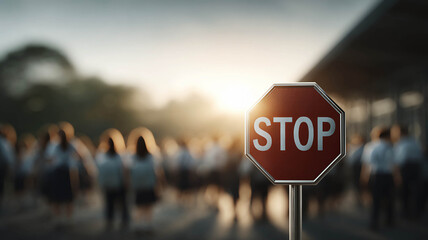 Red stop sign in school zone with blurred students in uniform sunlight safety caution outdoor education warning morning.