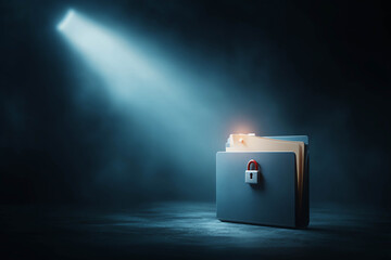 Top secret file glowing folder locked document security privacy confidential spotlight dark background.