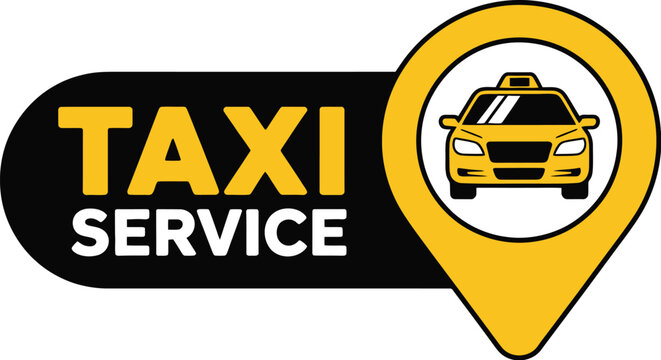 The taxi service logo with a yellow car inside a location pin icon art