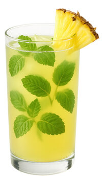 A cylindrical glass of pineapple mint lemonade with a pineapple wedge on the rim and mint leaves inside.