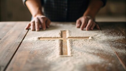 Cross drawn in dust on wooden surface with hands nearby &mdash; humble and heartfelt devotion
