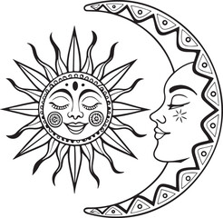 Talavera style sun and moon illustration isolated on transparent background