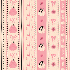Pink Halloween striped seamless pattern decorated of cute ribbon, pumpkin, bow knots, autumn leaves. Thanksgiving coquette fabric, wrapping paper, textile design, wallpaper. Vector fall background.