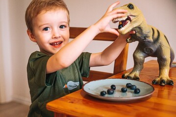 little boy playing with toy dinosaur and feeding it berries from plate