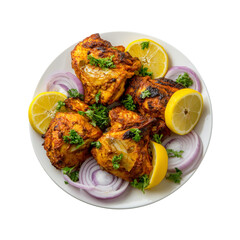 Fototapeta premium Delicious tandoori chicken pieces with lemon and onion isolated on transparent background