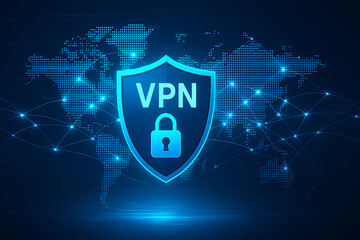 VPN secure connection graphic with glowing shield and lock icon over world map, representing global cybersecurity, encrypted internet access, and digital privacy protection, VPN secure connection, 
