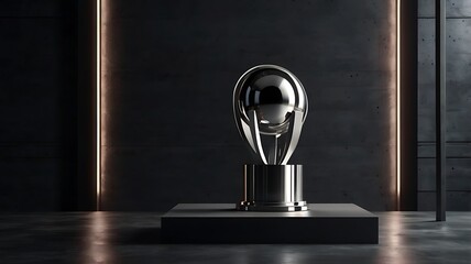 A silver trophy on a concrete pedestal in a dark modern room with a dramatic overhead spotlight.