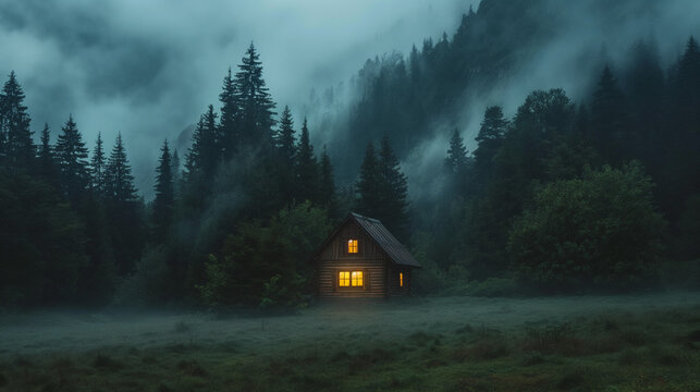 Cozy illuminated log cabin nestled in a misty dark forest at twilight