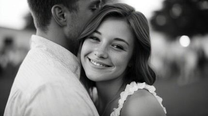 Fototapeta premium Young woman with freckles smiling as a man embraces her from behind couple
