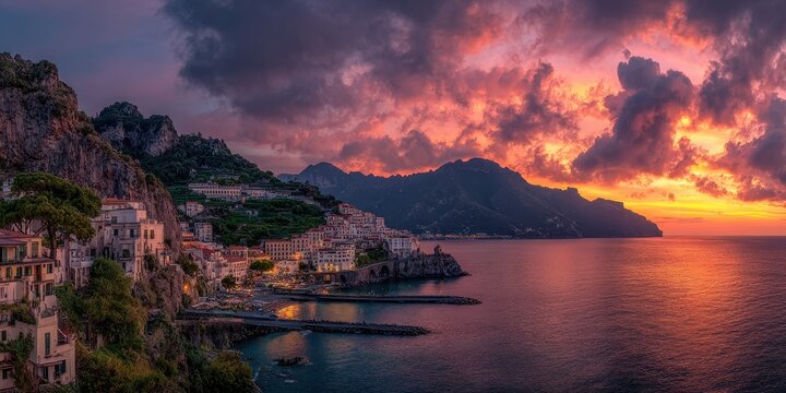 Coastal town at sunset - Powered by Adobe