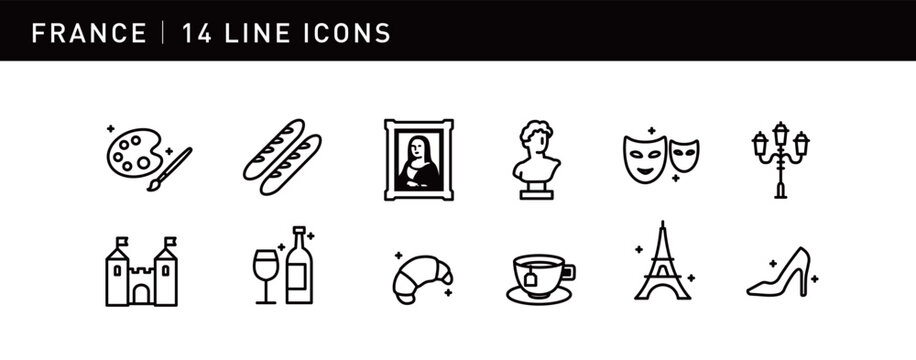 14 elegant icons showcase French culture, including Eiffel Tower, Mona Lisa, baguettes, and wine, capturing romance and art.