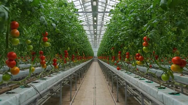 Rows of tomato plants in a greenhouse.  A long perspective shows rows of tomato plants, with clusters of red and green tomatoes, growing vertically in a controlled environment. 