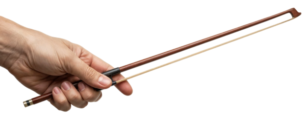 a musician's hand holding a violin bow ready to play music