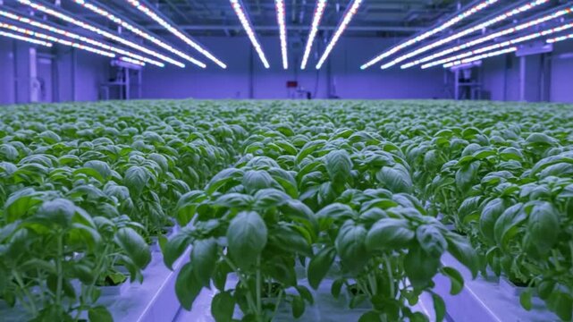 Rows of basil plants growing in a controlled environment greenhouse.  