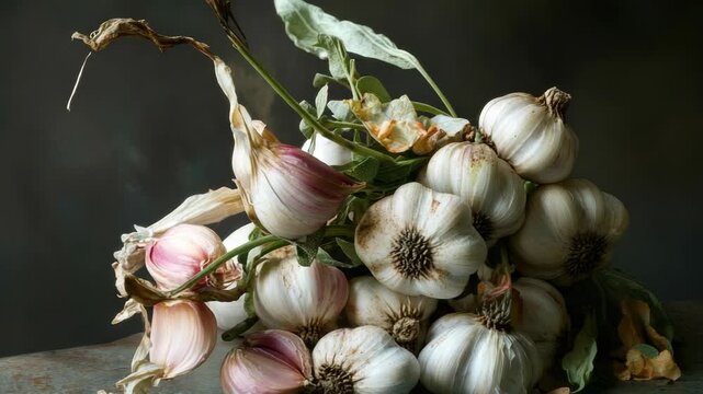 An antique still life  of dried garlic bulbs and flowers, reminiscent of a traditional Italian garden.