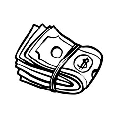 Money stack banded doodle drawing, dollar bills folded and tied with a rubber band, sketch vector illustration, isolated