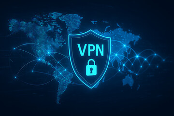 VPN secure connection graphic with glowing shield and lock icon over world map, representing global cybersecurity, encrypted internet access, and digital privacy protection, VPN secure connection, 
