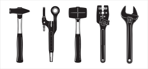 Black tools arranged on white background hammer wrench