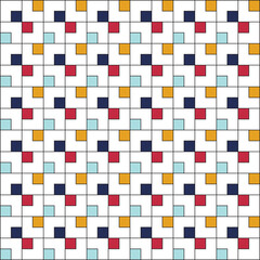 Grid of black squares on a white background, with small squares coloured in navy blue, gold, red and light blue