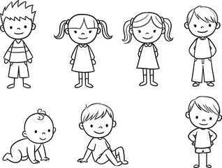 Cute children black and white cartoon, line art kids drawing, baby boy girl illustration, coloring book, vector clipart design