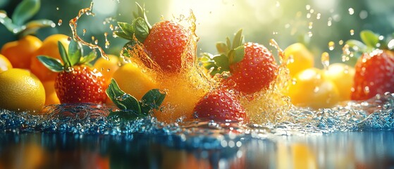 Artistic rendering of juicy fruit splashes, colorful and dynamic