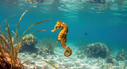Fototapeta premium Golden Seahorse in its Underwater Habitat