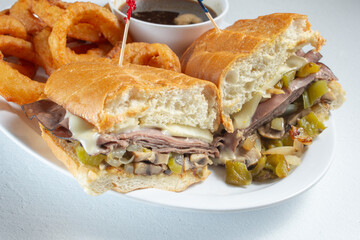 A view of a Philly cheesesteak sandwich.