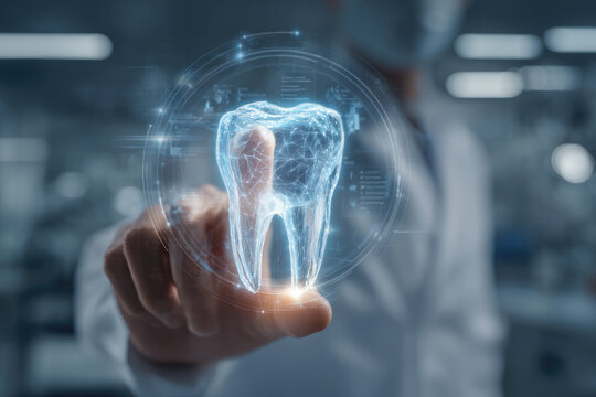 The dentist looks at the hologram of the tooth. Concept for innovative technologies, medicine of the future, tooth snapshot