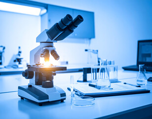 Precise microscope in a research lab, symbolizes scientific advancement, discovery, and medical breakthrough. Use for science, technology, medicine, or education.