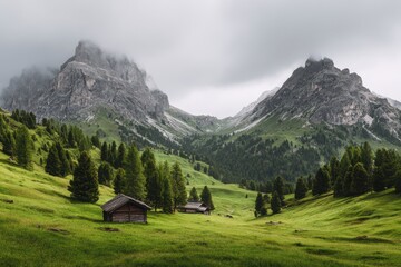Alpine valley with wooden huts and misty mountains