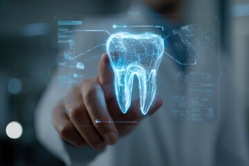 The dentist looks at the hologram of the tooth. Concept for innovative technologies, medicine of the future, tooth snapshot