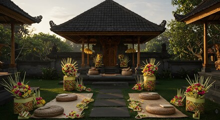 Fototapeta premium Serene Balinese Pavilion with Traditional Offerings and Cushions in a Lush Garden, Cultural Ceremony Setup in Bali