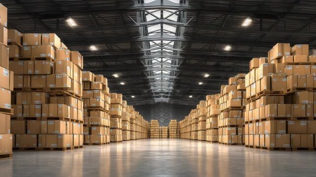 Pallets of cardboard boxes prepared for shipping within a large, fully stocked warehouse, supply chain management idea 